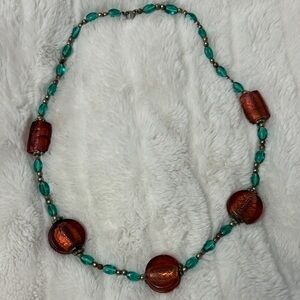 Vintage Indonesian Artisan Green and Coral Glass Bead Necklace